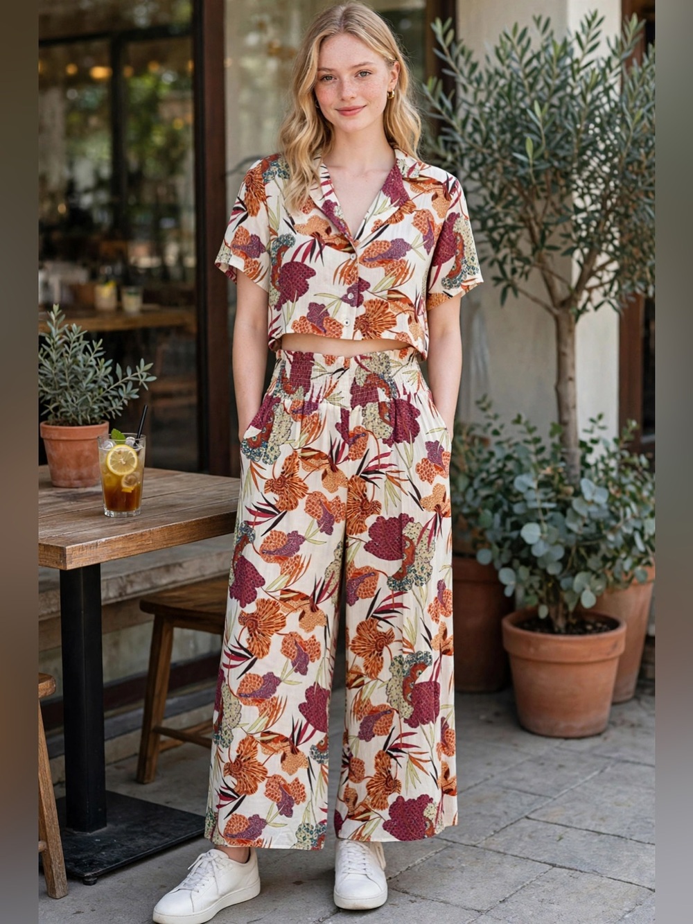 Rachel Zoe Tropical Floral 2-Piece Set - Top & Wide-Leg Pants L